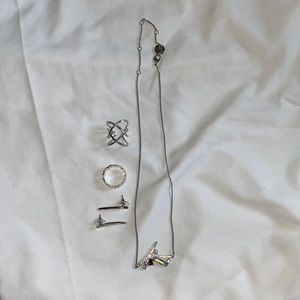 Silver-toned Necklace with Matching Earrings & 2 Rings